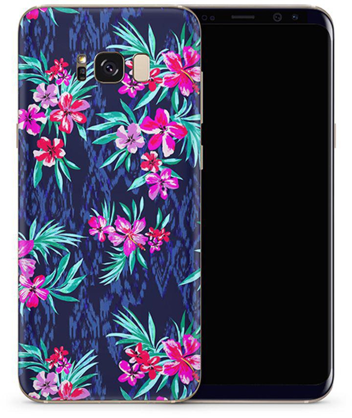 Vinyl Skin Decal For Samsung Galaxy S8 Pink And Purple Flowers On Blue Background