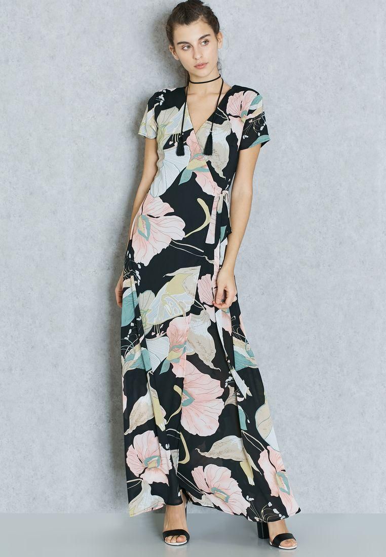 Floral Print Wrap Front Maxi Dress