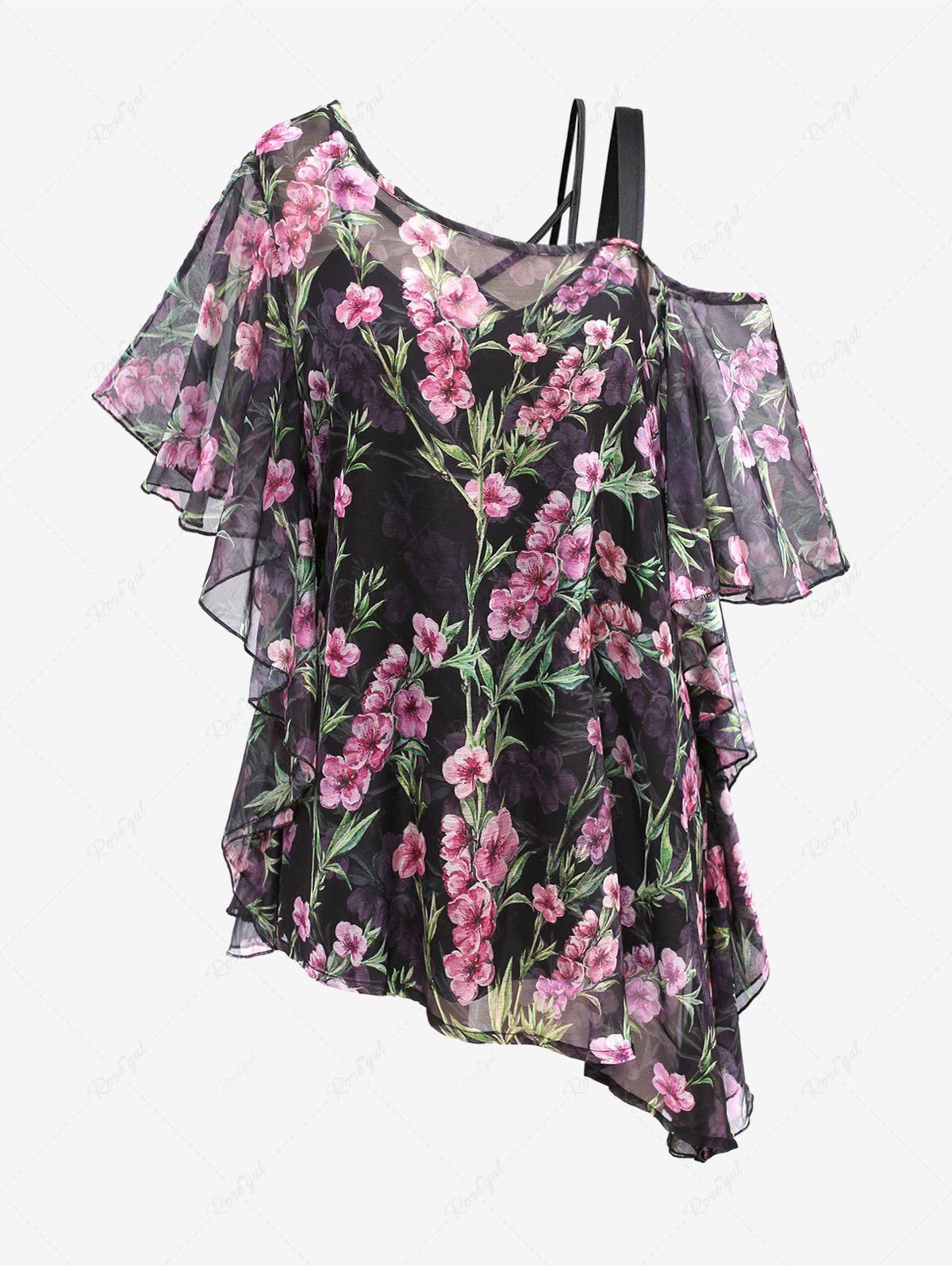 Plus Size Crisscross Cami Top and Flower Print Chiffon Cold Shoulder T-shirt - M | Us 10