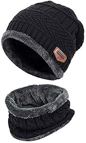 Men and Women Fleece Lined Winter Beanie Hat Scarf Set, Black, 2-Piece