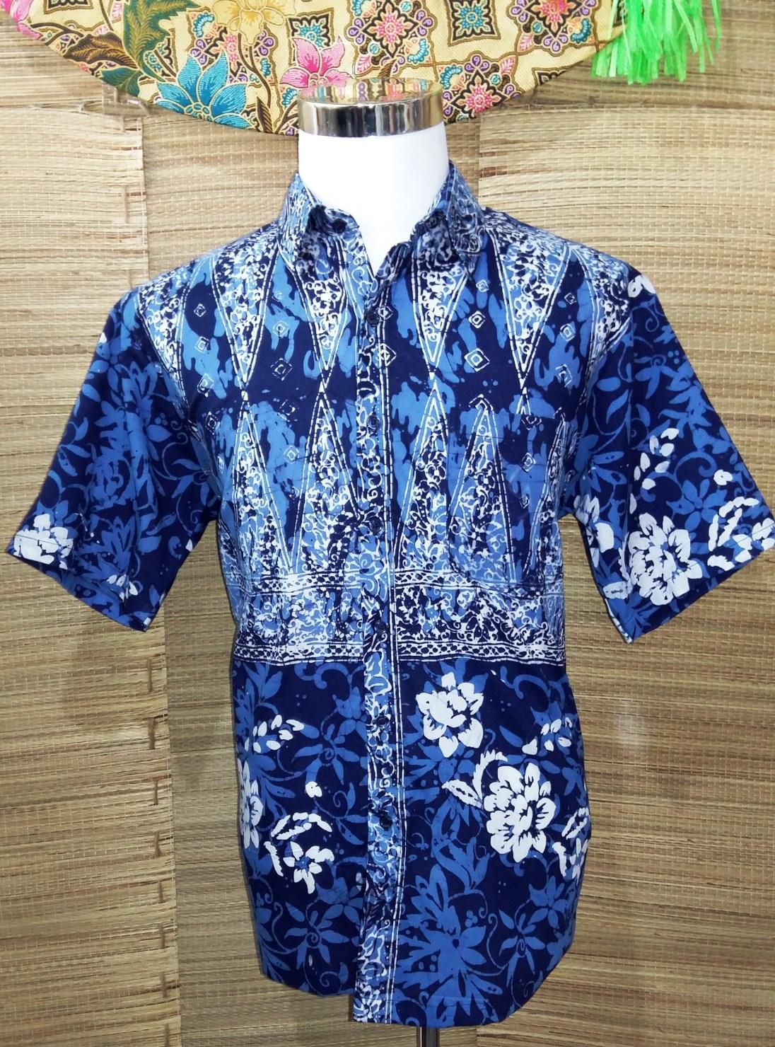 Short Sleeve Batik Men Shirt - Block Printed -100% Cotton-SIZE L (Blue)