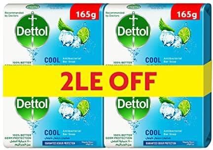 Dettol cool anti-bacterial bathing soap bar for effective germ protection, personal hygiene & odour protection , mint & bergamot fragrance, 4 pieces 165g @20%