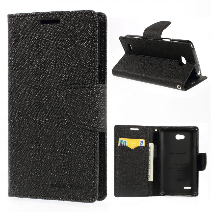 حافظة ومحفظة لهواتف ‫(ال جي ال 80) ثنائي البطاقة D380, من نوع ‫(ميركوري فانسي دياري), مصنوعة من الجلد وتتميز باحتوائها على مسند - اسود