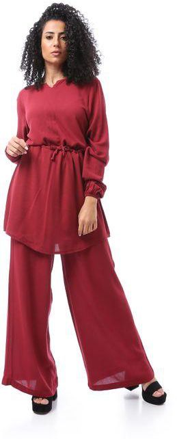 Andora Dark Red Solid Suit Set With Open V Neck