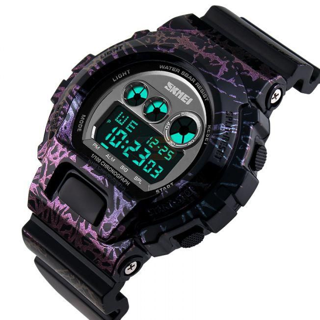 SKMEI 1150 Waterproof Sports LED Digital Men Watch EL Light Chronograph Date Display Alarm 12/24 Hour Clock Purple
