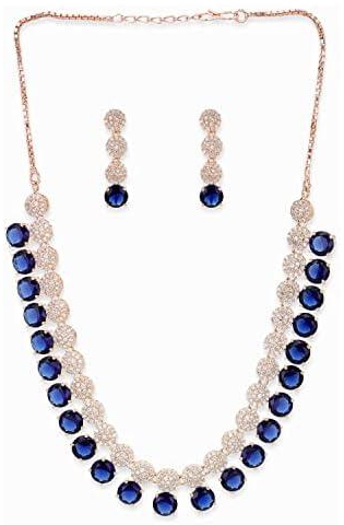 Dark blue stones rose gold brass necklace set, Onesize, Brass, No Gemstone