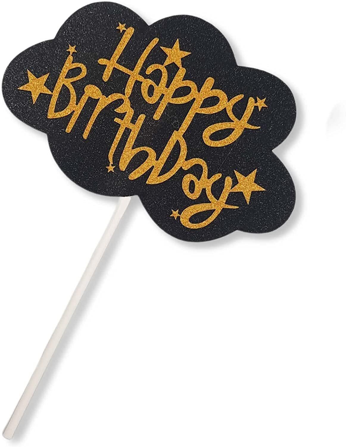 Party Time 1-Piece Glittery Black &amp; Gold Happy Birthday Cake Topper Paper for Birthday Decoration, Happy Birthday Cake Decorations - Party Supplies