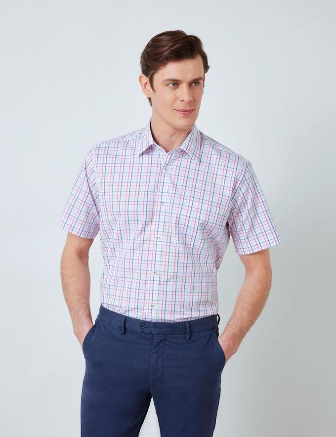 Hawes & Curtis Easy Iron Pink & Navy Multi Check Slim Fit Short Sleeve Shirt