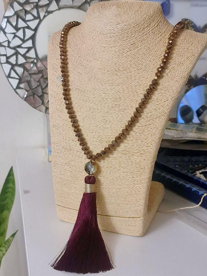 Burgundy Tassels And Crystal Beads Long Necklace
