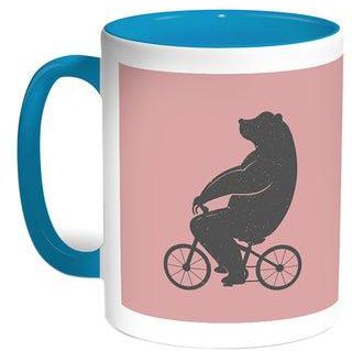 Bear Driving A Bicycle Printed Coffee Mug Turquoise/White 11ounce