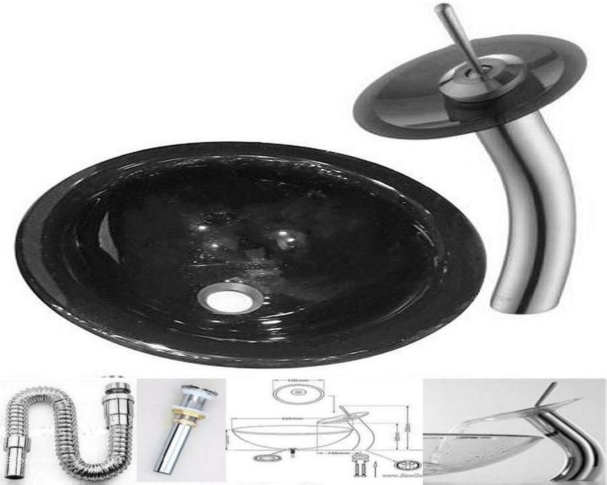 San George Design Glass Wash Basin With Shelf And Waterfall Mixer + A Pop Up And Drainabwmsa 5007 Black