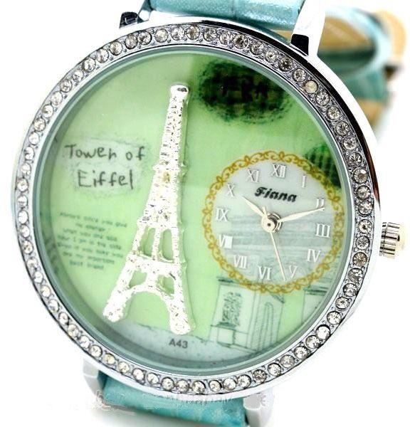 Eiffel Tower Round Dial Leather Quartz Wrist Watch Charm Women Girl,Blue