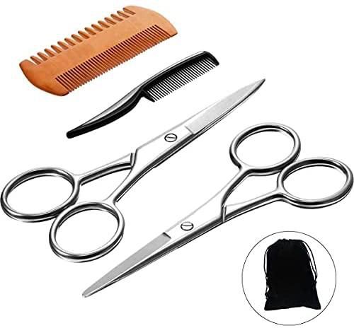 Landove Men-Contains Unscented Beard Mustache Scissors, Beard Scissors Beard Brush Scissors Shape Tool and Canvas Bag Perfect Present for Dad Husband