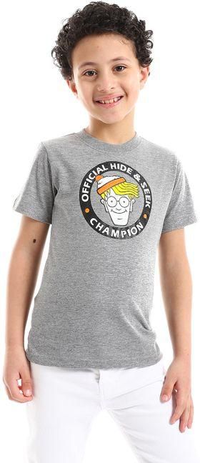 Ted Marchel "Official Hide & Seek Champion" Printed Short Sleeves Boys T-Shirt - Heather Grey