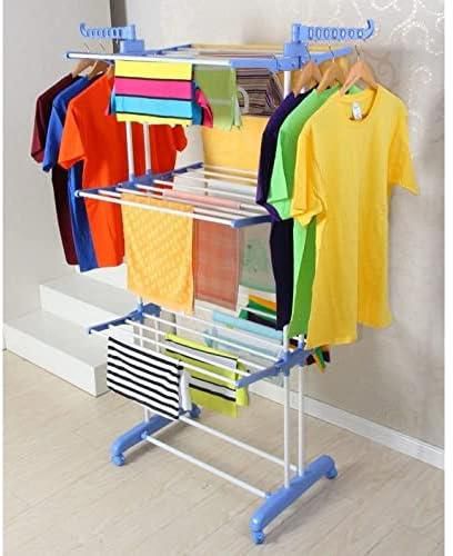 Carbon Steel Full Size Heavy Duty Double Pole 3 Layer Cloth Drying Stand, Laundry Rack Stand, BLUE.
