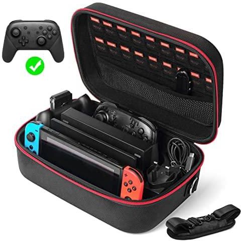 Large Carrying Storage Case for Nintendo Switch,Protective Travel Hard Shell Messenger Bag for Switch Console, Pro Controller, Accessories Switch Dock, AC Adapter with 16 Game Cards and Shoulder Strap