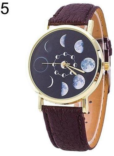 Bluelans Unisex Moon Phase Astronomy Space Watch Faux Leather Band Quartz Wrist Watch-Dark Brown