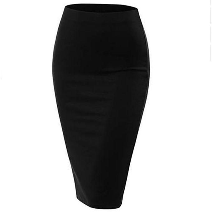 Stretchy Midi High Waist Slitted Pencil Skirt - Black