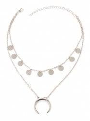 Layered Tribal Moon Disc Necklace - Silver