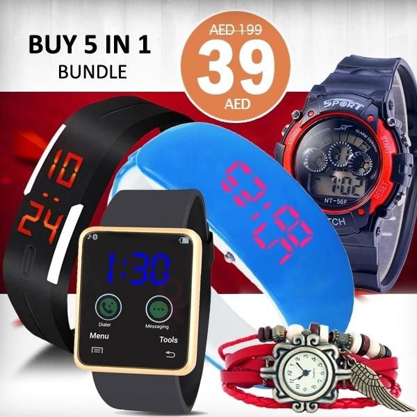 5 in 1 Bundle Fancy Leather Digital And Sports Watch Collection Set DBB10027