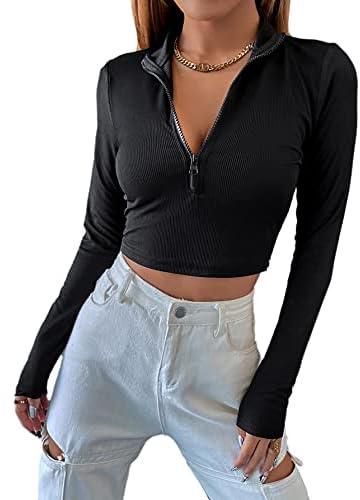 SheIn Women's Long Sleeve V Neck Ribbed Zip Up Basic Crop Top T-Shirt Black X-Small