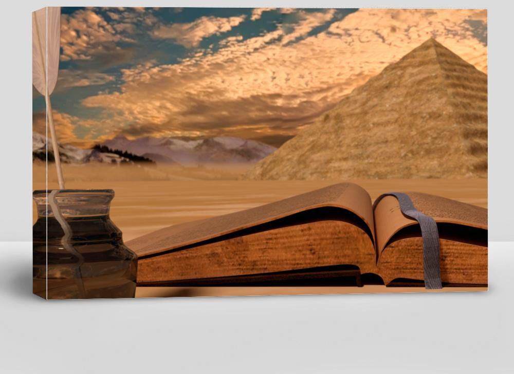 Vintage 3D Rendering of a Book on Desert With Pyramid Canvas Painting
