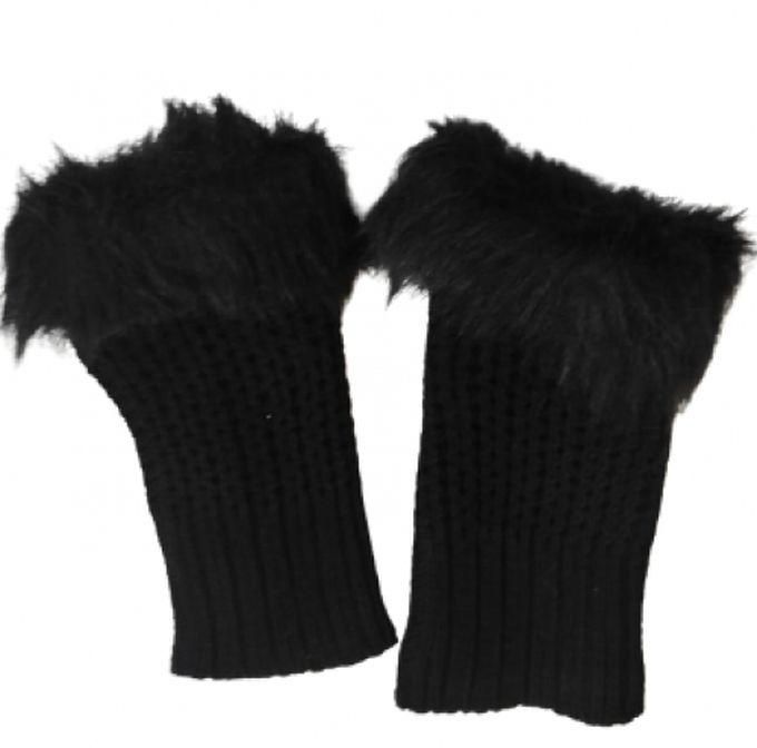 Fingerless Fur Warm Wrist Wool Gloves Luxury Fur Hand Warmer-Black
