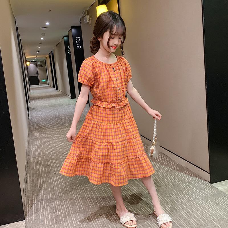 Girls Suit Leisure Plaid Design Midi Skirt Style - 6 Sizes (Green - Orange)
