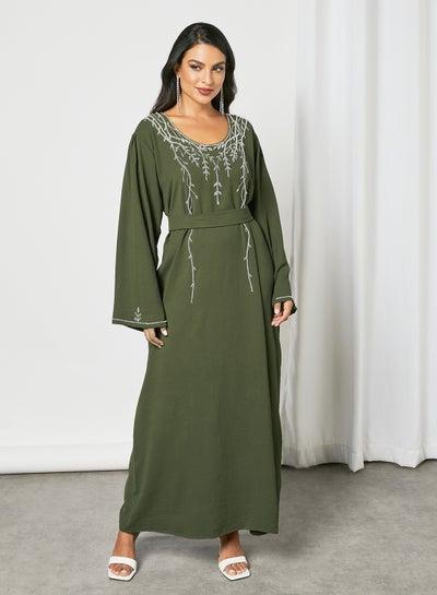 Beads And Crystal Flowing Leafy Scoop Neck Jalabiya With Belt Dark Green