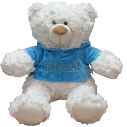 Cream Bear with trendy Blue Velour Hoodie &quot;DUBAI&quot; Size 38cm - Embroidered