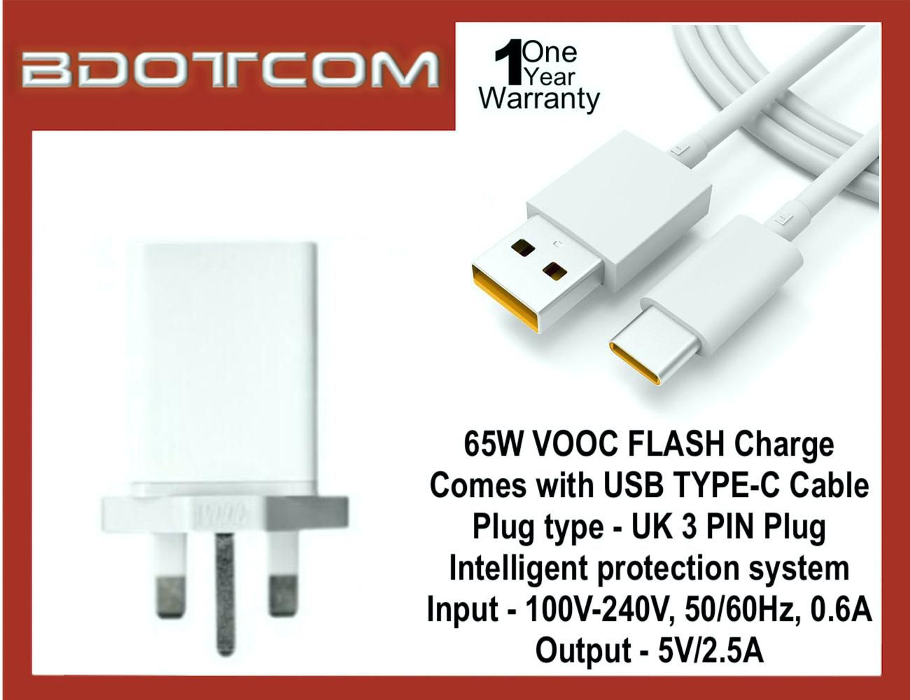 OPPO 65W VOOC Flash Charging Power Adapter Travel Charger with USB
