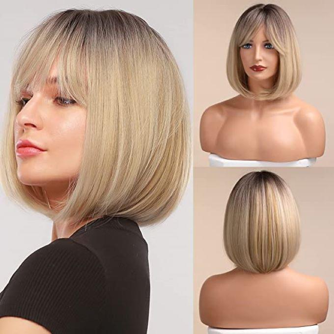 Blonde Bob Wig With Bangs Short Blonde Wigs Hair Extension For Women