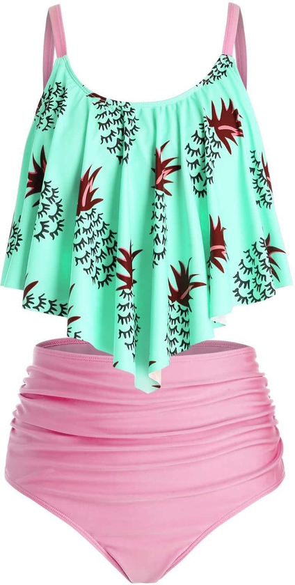 Plus Size Pineapple Ruched Flounce High Waisted Tankini Swimwear - 4x