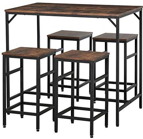 HOMCOM Industrial Rectangular Bar Table Set with 4 Stools for Dining Room, Kitchen, Dinette