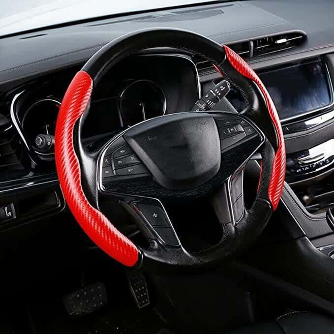 Get Carbon Fiber Steering Wheel Cover, Non-Slip, Universal Size - Red with best offers | Raneen.com