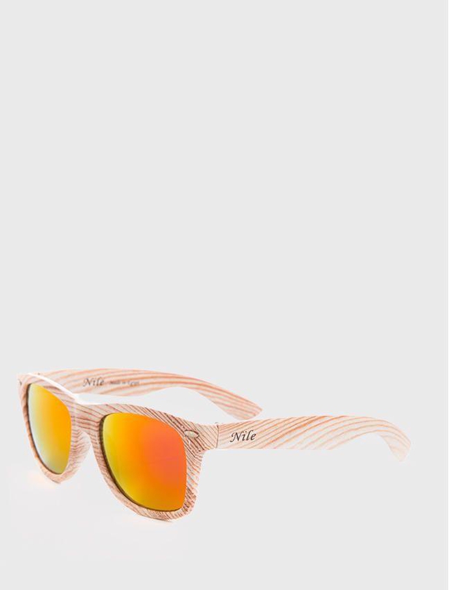 Nile Wooden Effect Flash Mirror Sunglasses - Fuchsia & Orange