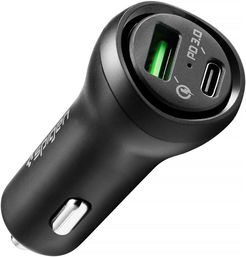 Spigen Dual Port Car Charger [45W] Fast Charge (USB-C Power Delivery PD 3.0 27W + QC 3.0 Quick Charge 18W) Car Adapter Compatible with iPhone 12 Pro Max 12 Mini Galaxy S21 Ultra S20 Note 20 Plus iPad