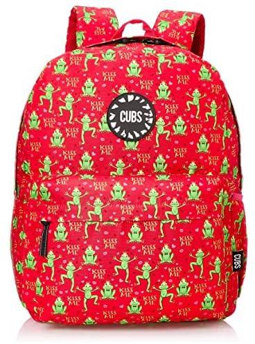 Cubs Polyester Frog Pattern Zip-Around Front-Pocket Unisex School Backpack with Adjustable Shoulder Strap - Red & Green