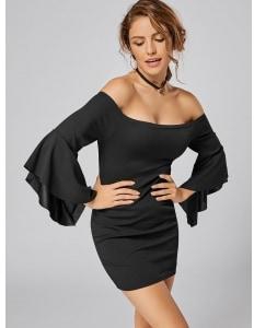 Bell Sleeve Off The Shoulder Bodycon Mini Dress - Black - M