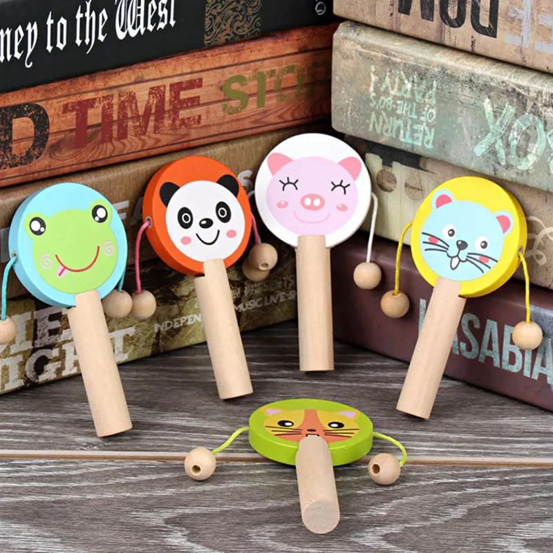 3pcs Wooden Rattle Drum Musical Instrument Percussion Toys Cartoon Wooden Baby Rattle Music Toys Kid Child Early Education Tool Gifts