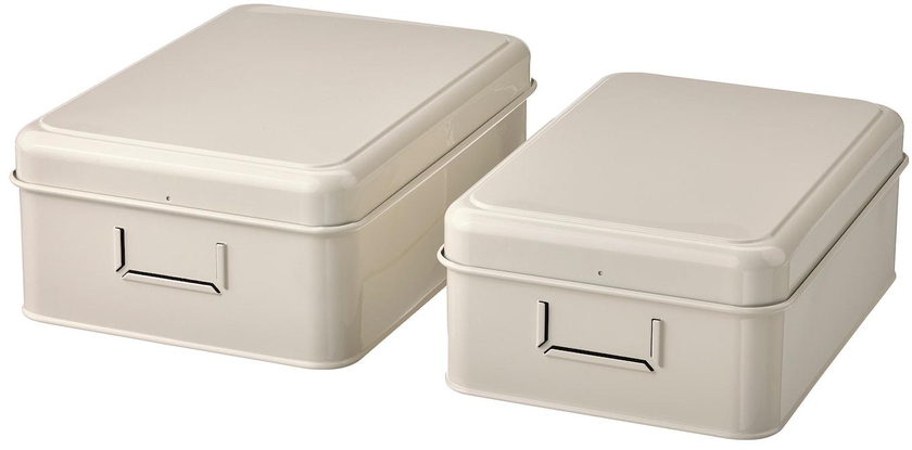 PLOGFÅRA Storage box with lid, set of 2 - light beige