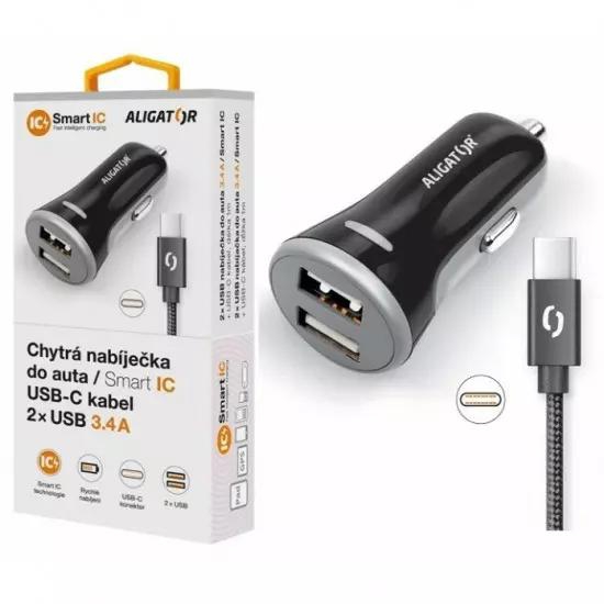 ALIGATOR Smart car charger 3.4A, 2xUSB, smart IC, black, USB-C cable | Gear-up.me