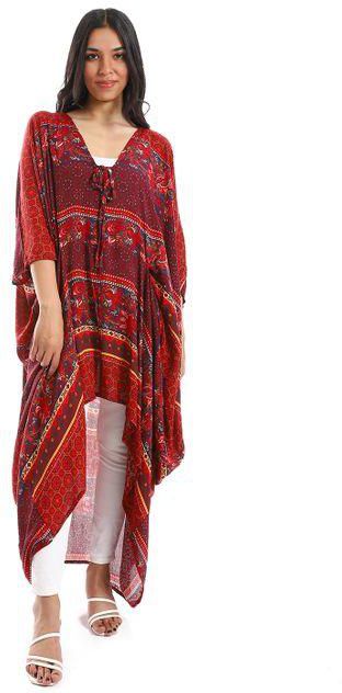 Red Circle Self Patterned 3/4 Sleeves Red, Orange & White Tunic