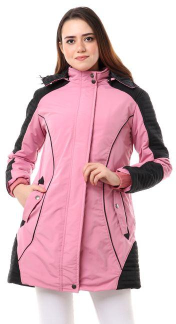 Andora Bomber Long Hooded Jacket - Pink & Black