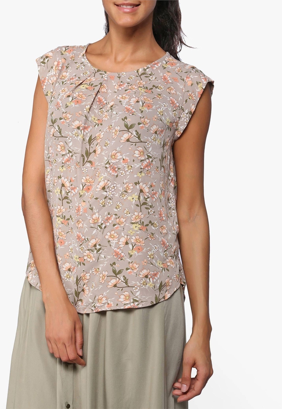 Taupe Pleated Floral Print Blouse