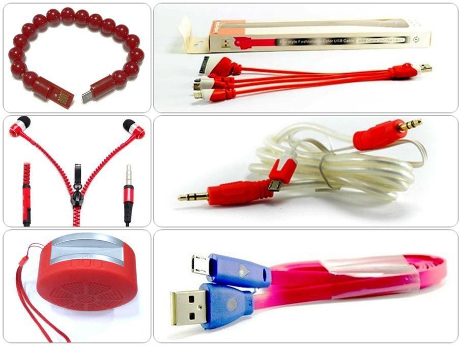 6 Pcs Of Mobile Accessories Red Bundle Of Holder - Hand Free - 4 Cables - Bluetooth Sub