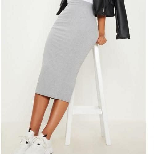 Ladies High-waist Grey Midi Pencil Slim Skirt