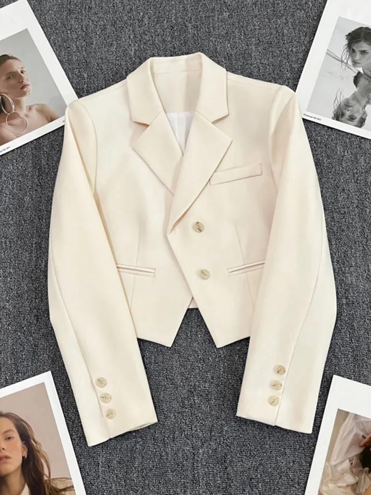 Cropped Jacket Blazers for Women Clothing Office Lady Korean Chic Long Sleeve Notched Collar Pockets 2022 Beige Fall Coat