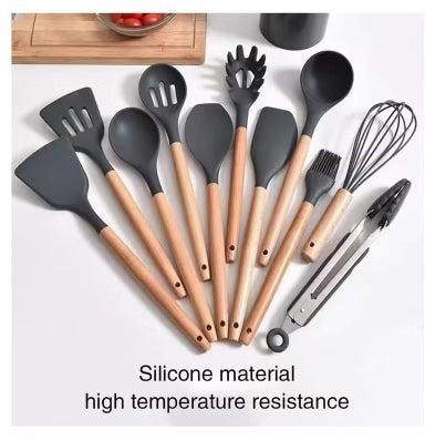 Silicone Cooking Utensil Set, Silicone Kitchen Utensil Set-11pcs, Cooking Utensils Set with Bamboo Wood Handles for Nonstick Cookware Black / Grey