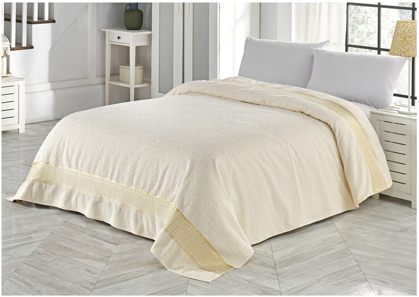 Villa Paris Premium Jacquard Bed Cover Turkish Cotton Blanket Organic Throw Bed Spread For Double/King Size Bed 200X220cm - Beige
